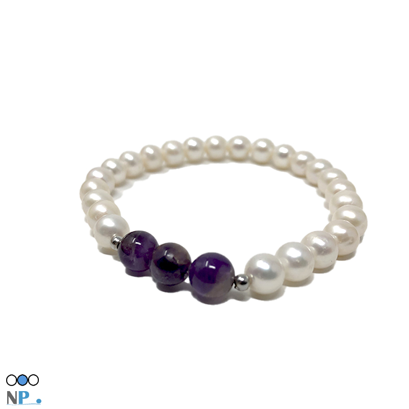 Bracelet de perles de culture d'eau douce blanche avec 3 pierres Amethystes et 2 billes d'Or à partir de 18 cm